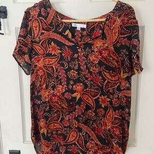 DR2 Women's Black and Orange Floral Paisley Blouse